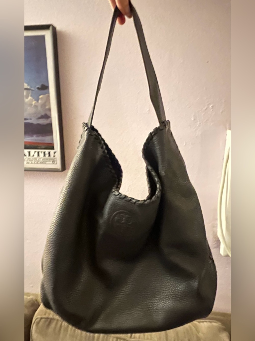 TORY BURCH Marion Whipstitch Hobo Bag Black Pebbled Leather w/ Dust Bag - Picture 6 of 16